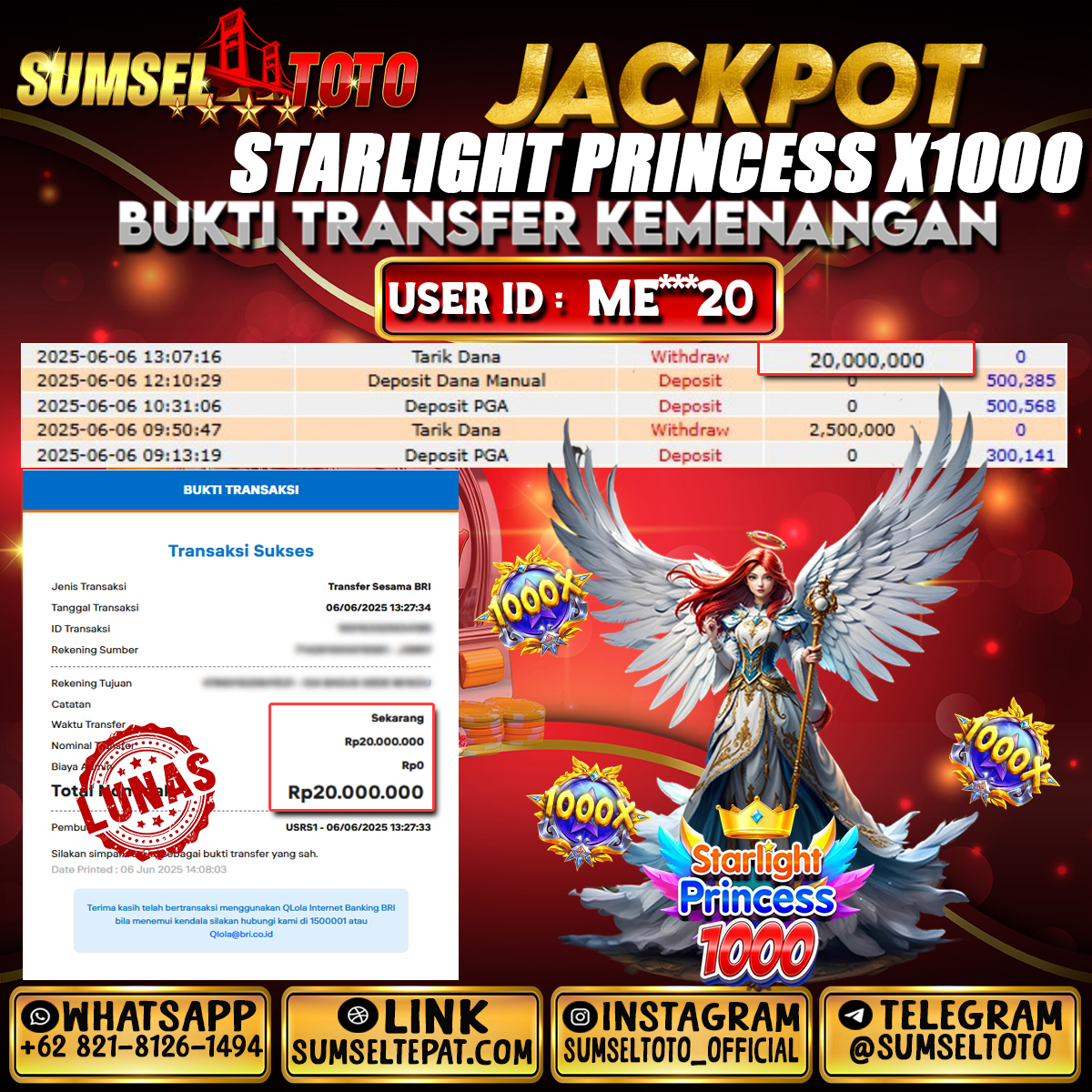SUMSELTOTO JACKPOT STARLIGHT PRINCESS X1000 Rp.20,000,000.,- LUNAS